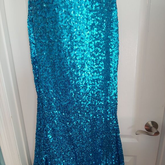 Morgan & Co Aqua Marine Mermaid Prom Formal Sequin Sparkly Gown Mesh Dress 11 - Picture 6 of 14
